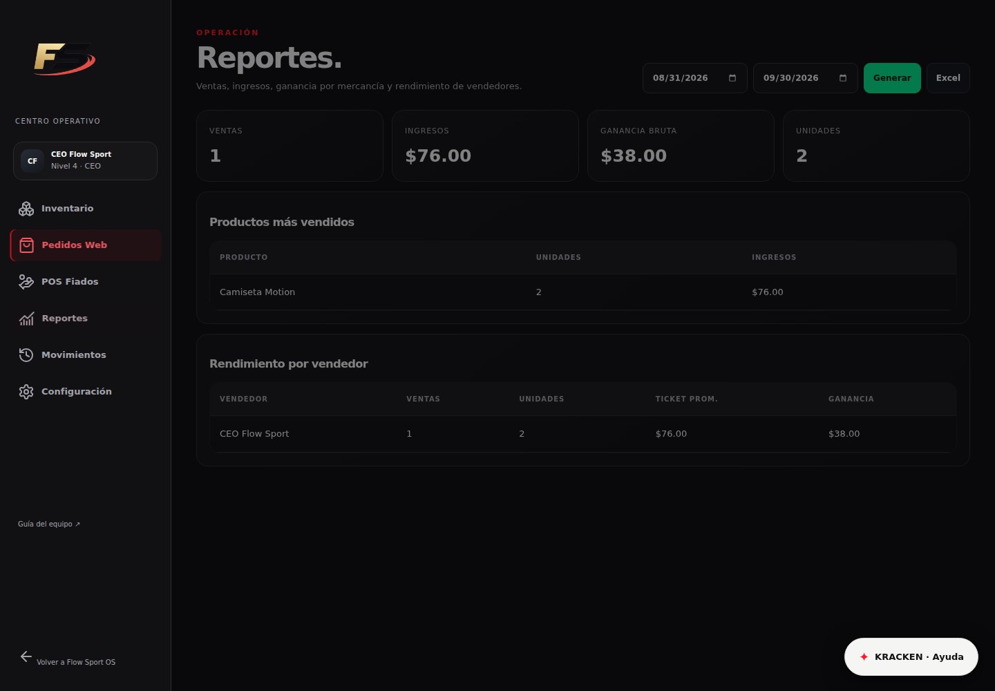 Pantalla: Reportes y cierre de turno